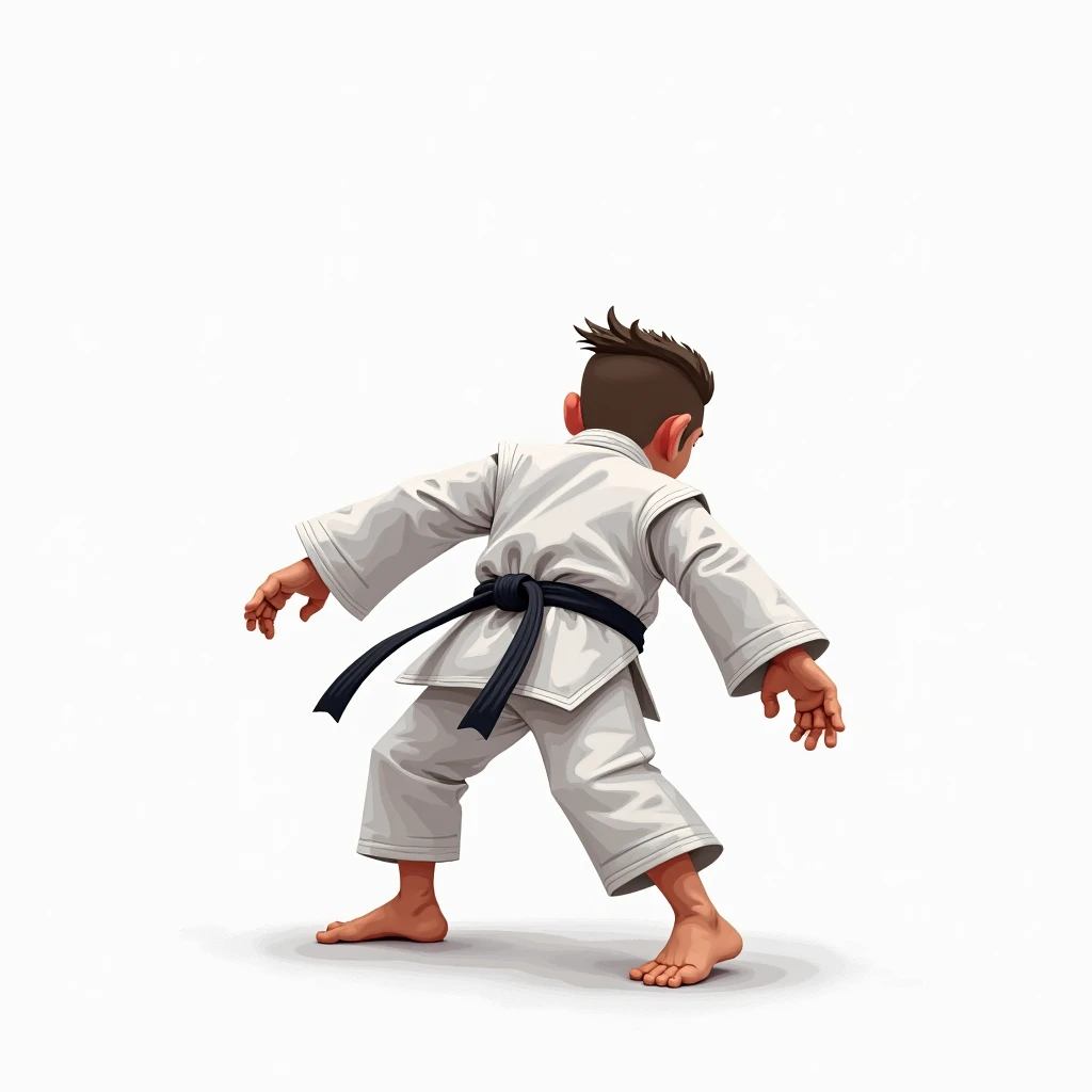 A small and agile Jiu-Jitsu fighter, wearing a white kimono He is on his back,  In combat position, with feet firmly on the ground and hands open , ready for the fight. His posture conveys focus and determination. The design style is with stylized strokes,...