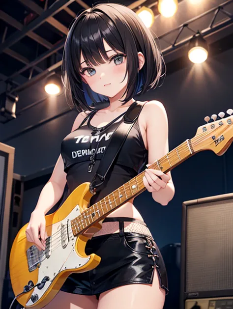 one girl, black haired bob, Electric Guitars,Chest Valley,studio