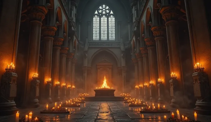 Inside a gloomy large monastery with lots of candles and an altar with a fire,  without people  