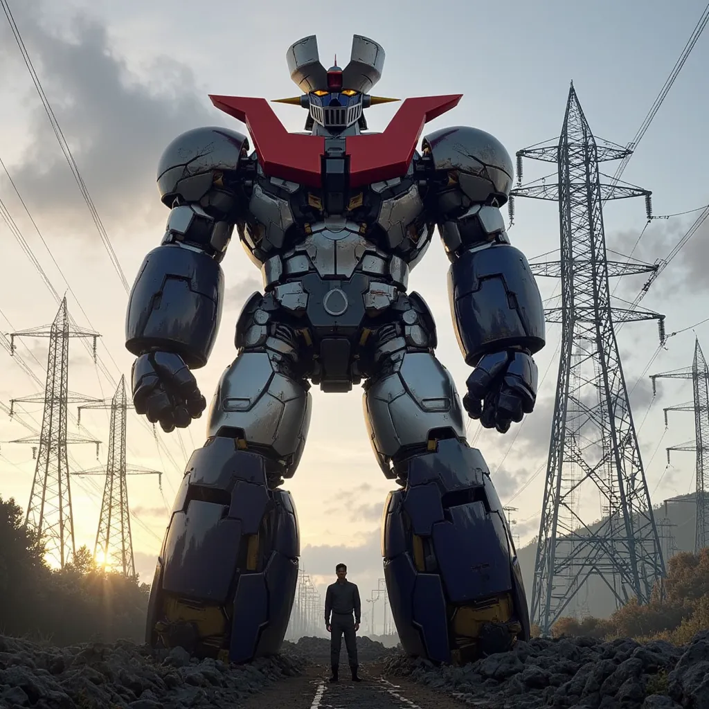 A highly realistic version of a modified Mazinger Z,  Mazinger Z is 100 meters tall.  constructed with modern materials such as steel ,   Carbon Fiber  ,   Other industrial elements are also visible  ,  Just like the real thing  ,   I'm standing in front o...