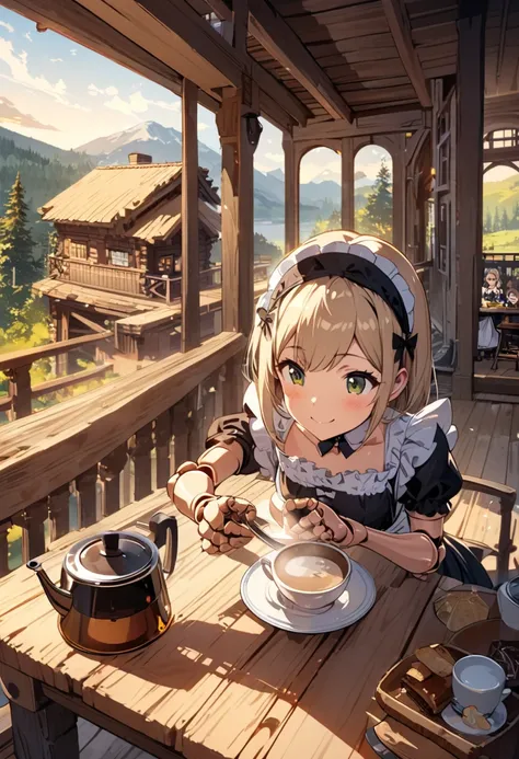  more detailed illustrations , One person, cute,  small tits,  Gold, maid clothes,  ,  doll joints, Brewing coffee, Morning Coffee, ENERGETIC,  best smile, log house,  balcony, grace,  table, outside, 