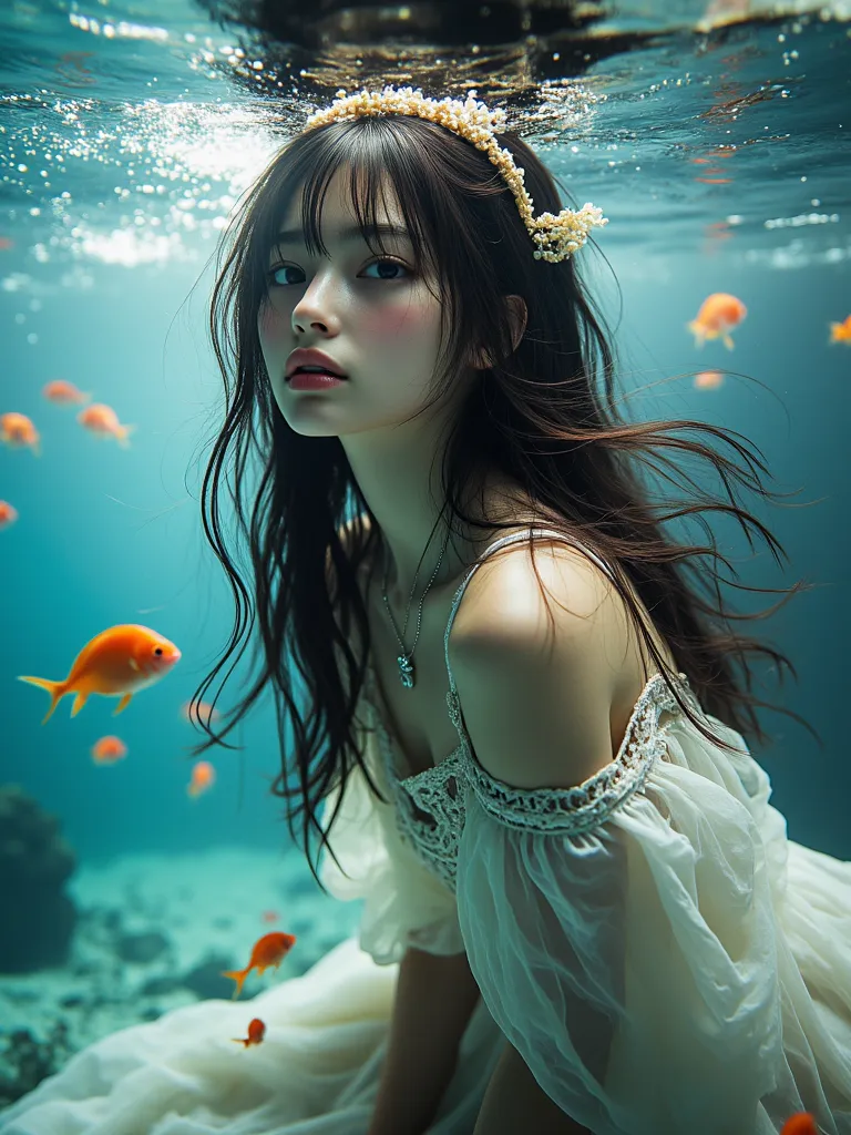 Top Quality, Excellent Performance, very high resolution,  original photo , 1 girl, ((soft sardine)), movie lighting,  very long hair, Fine Eyes,  small breasts, wind, necklace, drill, ((big fish dress)), ((เสื้อผ้าพิมพ์fish)), ((White suit)), ((soft lace)...