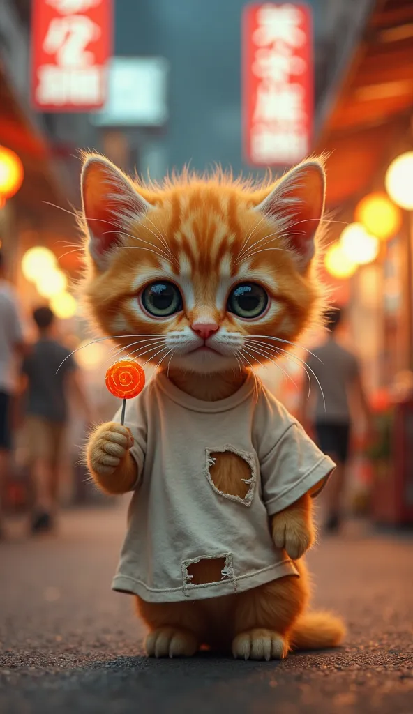 A highly detailed, photorealistic image of a small, stray kitten with large, sad eyes, standing in the middle of a busy Asian night market street. The kitten has golden-orange fur, slightly messy, and wears a torn, oversized white t-shirt with visible hole...