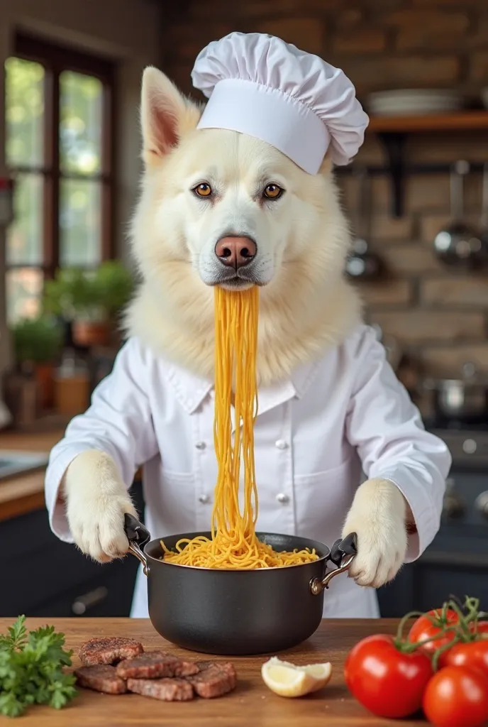 A white husky or Japanese Spitz dog wearing a white chef's hat and chef's coat, standing in a home kitchen with wooden countertops. The dog is holding a pasta pot by the handles with both front paws, cooking spaghetti in boiling water. The kitchen backgrou...