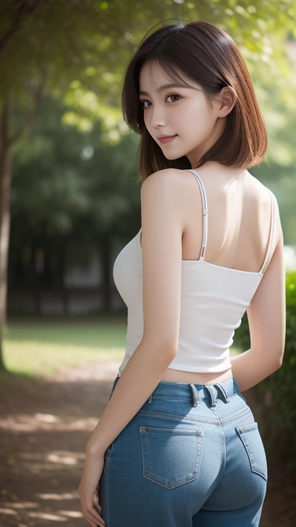 pure 20 year old girl 、((white tank top, Dramatic Poses)),smile,Shortcut, nature park 、RAW photo, (8k、highest quality、masterpiece:1.2)、( delicate details:1.4)、(photorealistic:1.4)、octane rendering、 complex 3d rendering super detailed, studio soft light,  r...