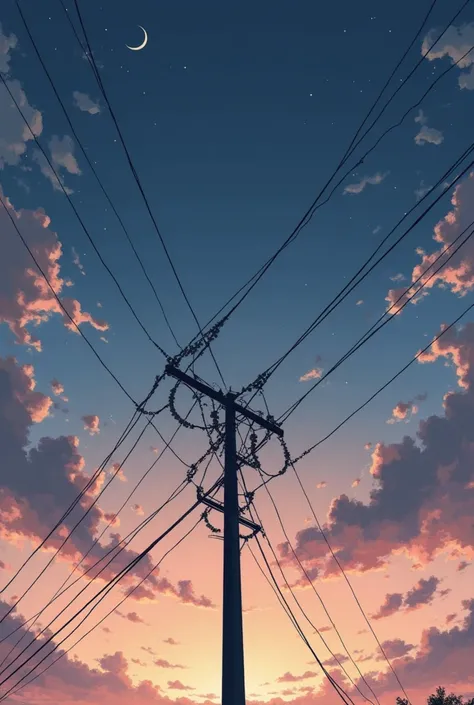 Generate an image of a telephone pole with multiple wires silhouetted against a twilight sky. Capture a low-angle perspective, looking upwards. The pole should be positioned in the lower center of the frame, with wires radiating outwards and upwards, creat...