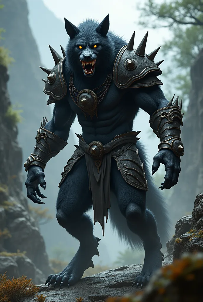 humanoid werewolf with black fur in monster hunter armor