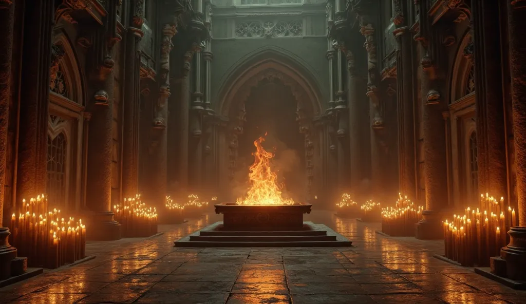 Inside a gloomy large monastery with lots of candles and an altar with a fire,  without people  