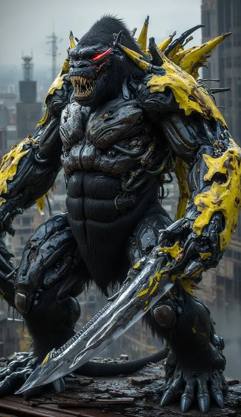 Hyper realistic image. High quality, 8K Ultra HD. King Kong the gorilla transformed by the Banana Virus, a grotesque fusion of mutant biology, cybernetic machinery and organic rot. is in a gorilla-like chest-beating stance. His fur is now a patchwork of co...