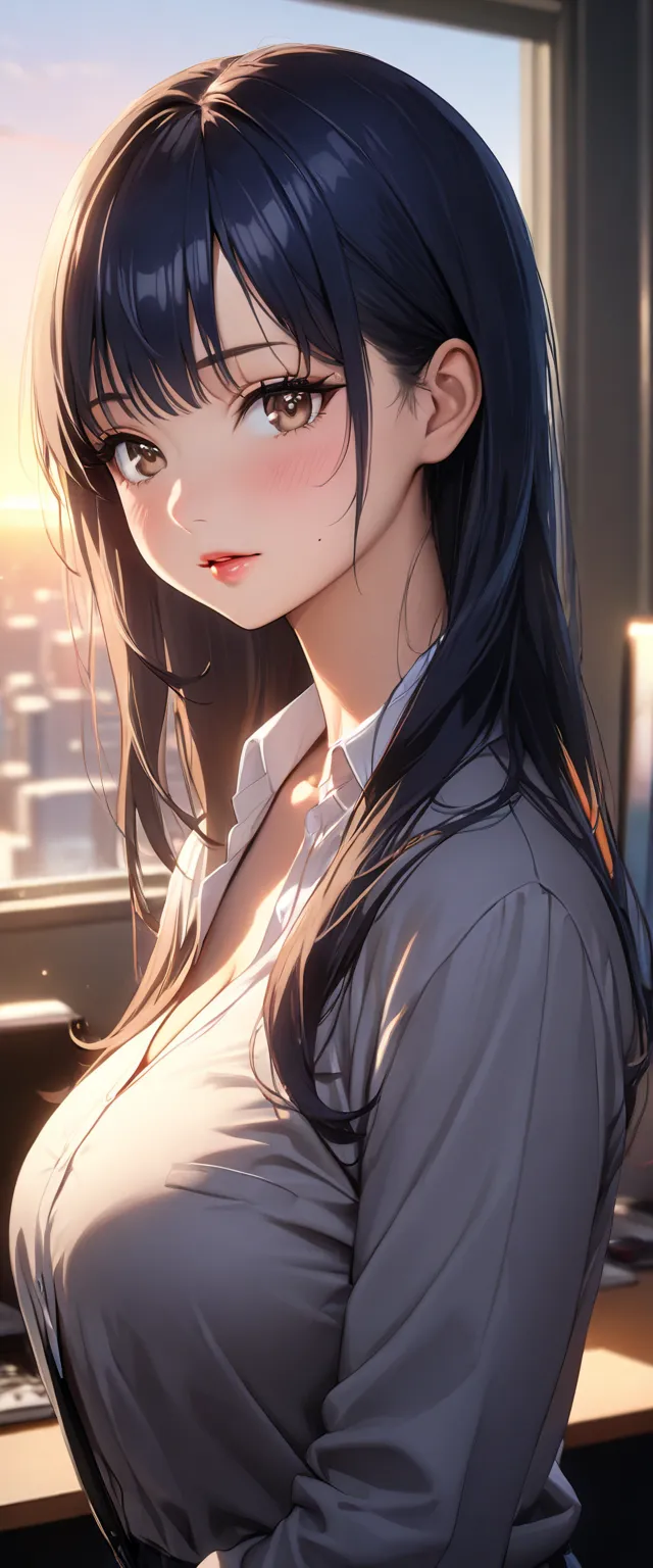 1girl, cute anime girl, long eyelashes, detailed beautiful eyes, perfect eyeliner, beautiful glossy lips, round face, soft facial contours, radiant skin glow, realistic skin pores, beautiful breasts, wearing a gray business suit, u-neck shirt, cinematic li...