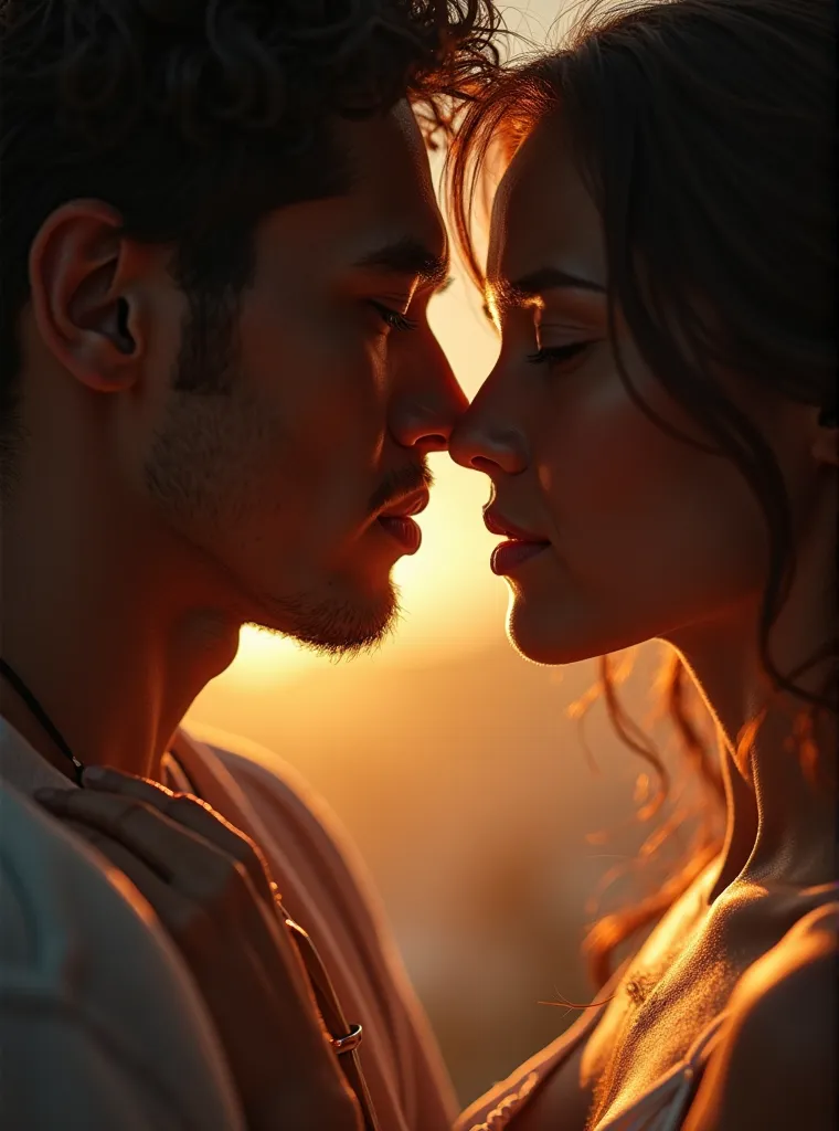 A close-up shot of a couple in an intimate moment, with warm tones and dramatic shadows. Focus on emotions and connection, photorealistic