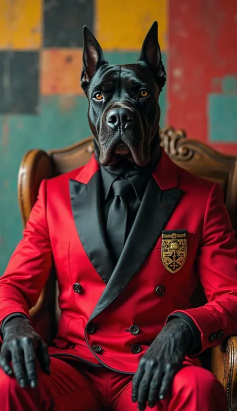 An anthropomorphic black mastiff dog sitting on a wooden chair, exuding power and authority. The dog is dressed in an elegant, bold red double-breasted suit with black detailing, gold buttons, and intricate embroidered insignias on the chest. A black dress...