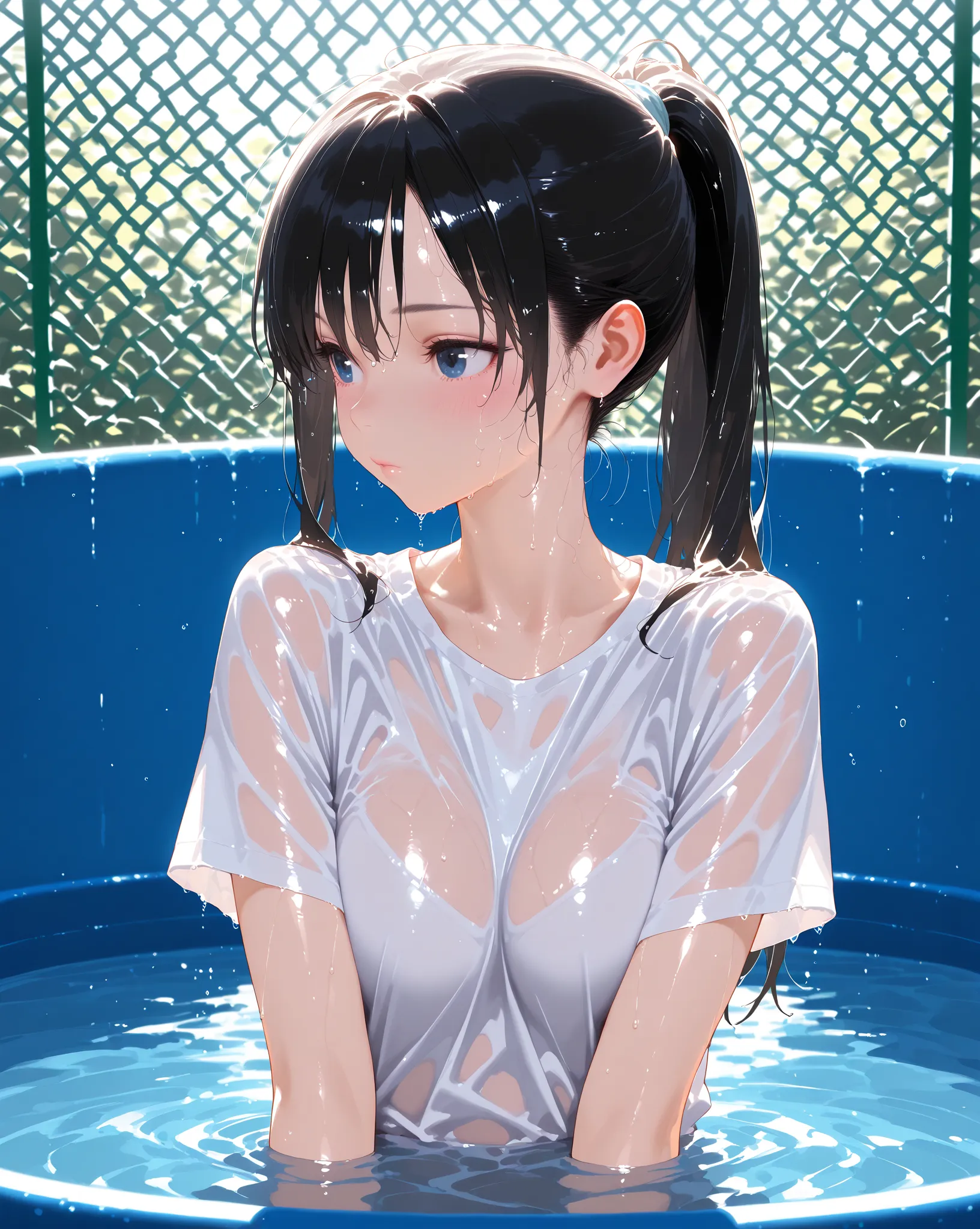 masterpiece, best quality, amazing quality, hyper-detailed, realistic, 1girl, wet, wet hair, wet clothes, wet skin, very wet skin, shiny skin, shiny clothes, Suchwet, detailed background, black hair, long hair, ponytail, dunk tank, partially submerged, wat...