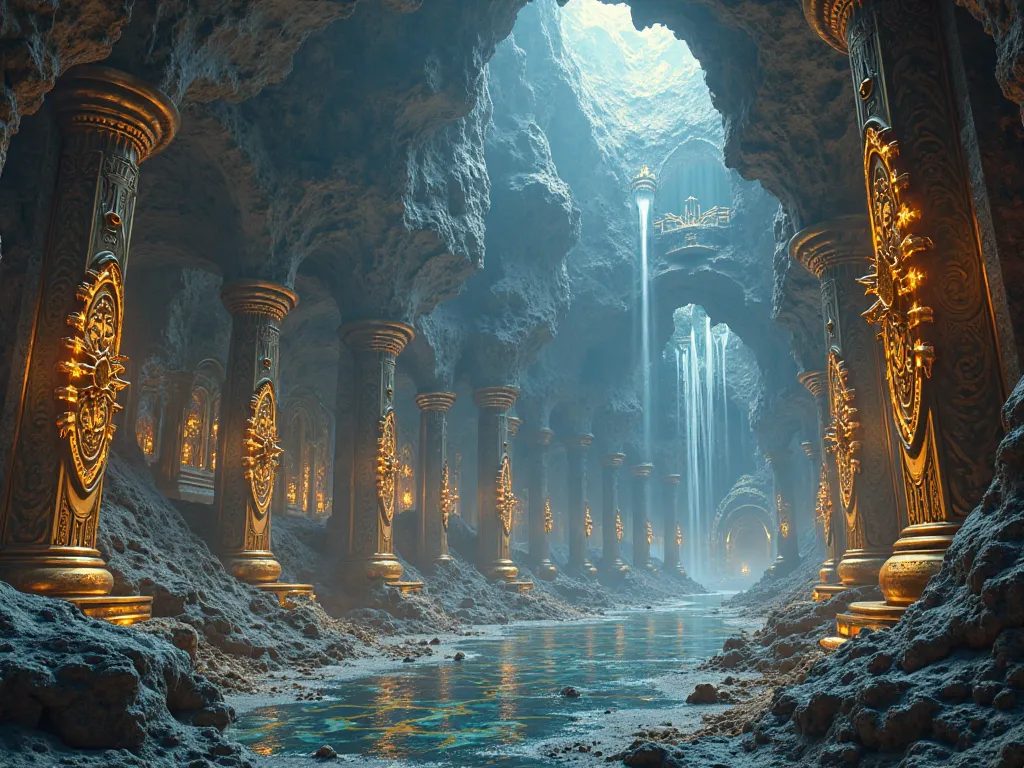 Asgard underground cave with Asgardian-style structural elements