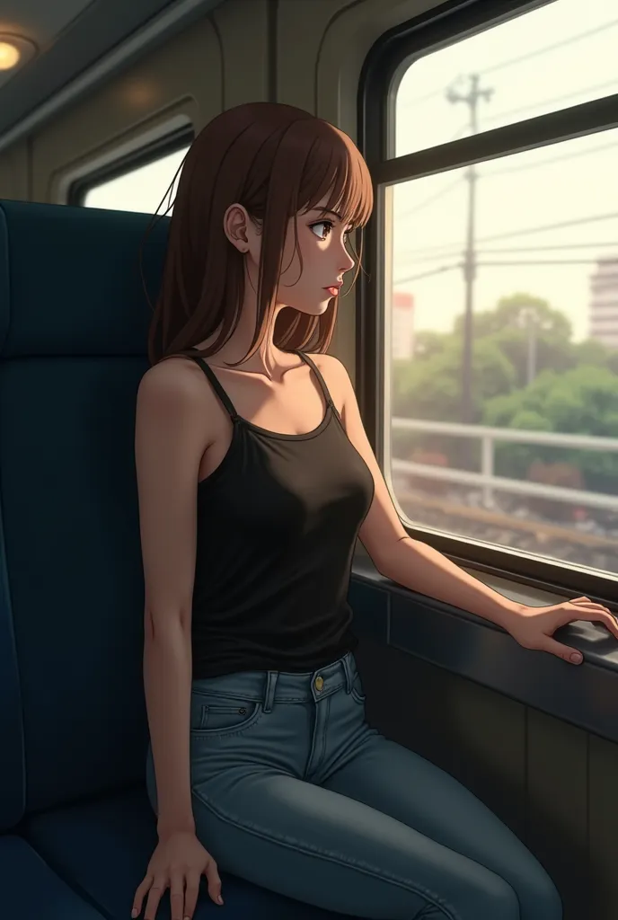 ((highest quality)), ((masterpiece)), ( details), ((highest quality))、born、4K、High Resolution、perfect face, Japanese、 28 years old 、woman、 light brown hair 、black tank top、jeans、profile in landscape orientation from、riding a crowded train、Looking out the w...