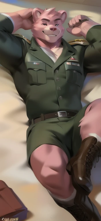  alone,  man big tall , Lying on the floor,The room is endlessly empty., pink bear  ,black Green military uniform ,  wearing boots ,  heavy overload,  muscle,  smiley , by chunie 