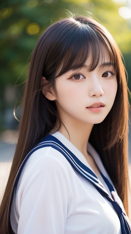 Japanese woman with long hair straight hair like an idol,round face,bust up,high resolution like a picture in a sailor suit,high quality, ultra-fine in 8K,photorealistic high school background,Clear blue sky, sunlight,soft light,Bokeh,portrait,photorealist...