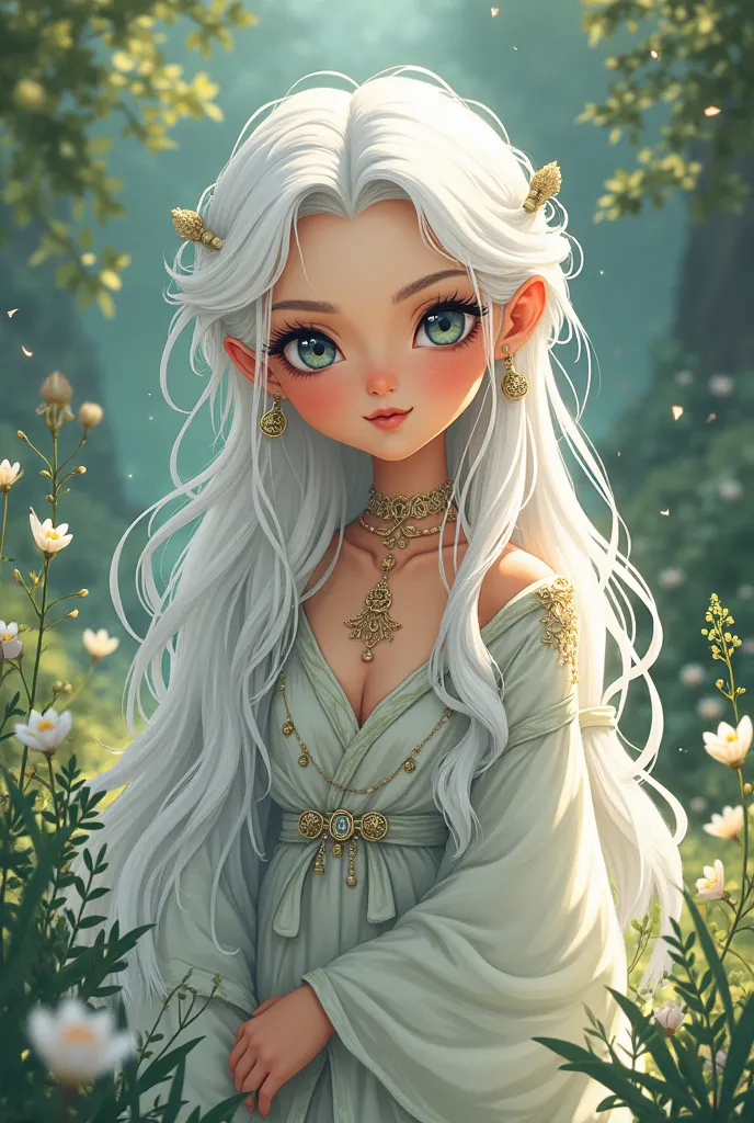 A beautiful age goddess from the Gui tribe with long hair and white hair cartoon female character 