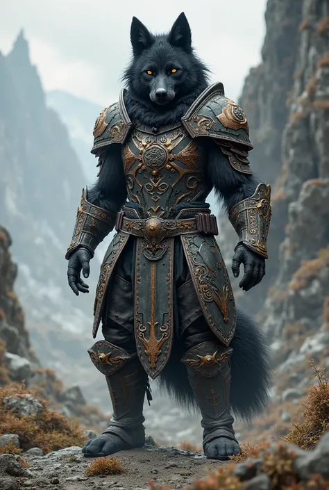 human with wolf ears and tail black fur in monster hunter armor