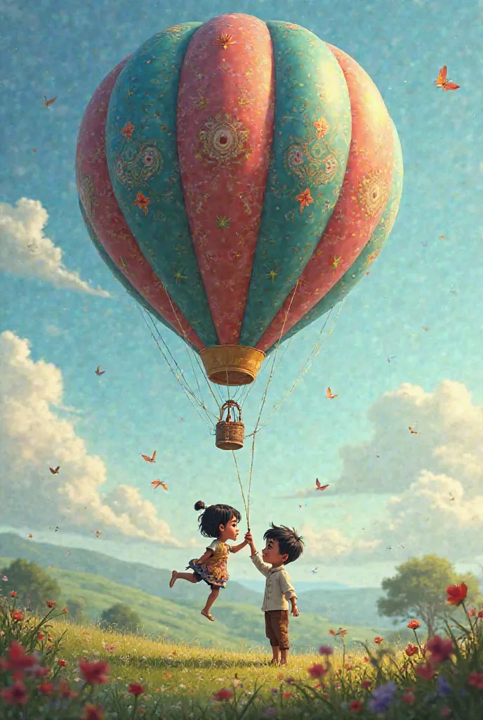 The magical balloon starts speaking to Raju, telling him not to be afraid. Raju looks astonished, holding onto the balloon tightly as he hovers above the ground.