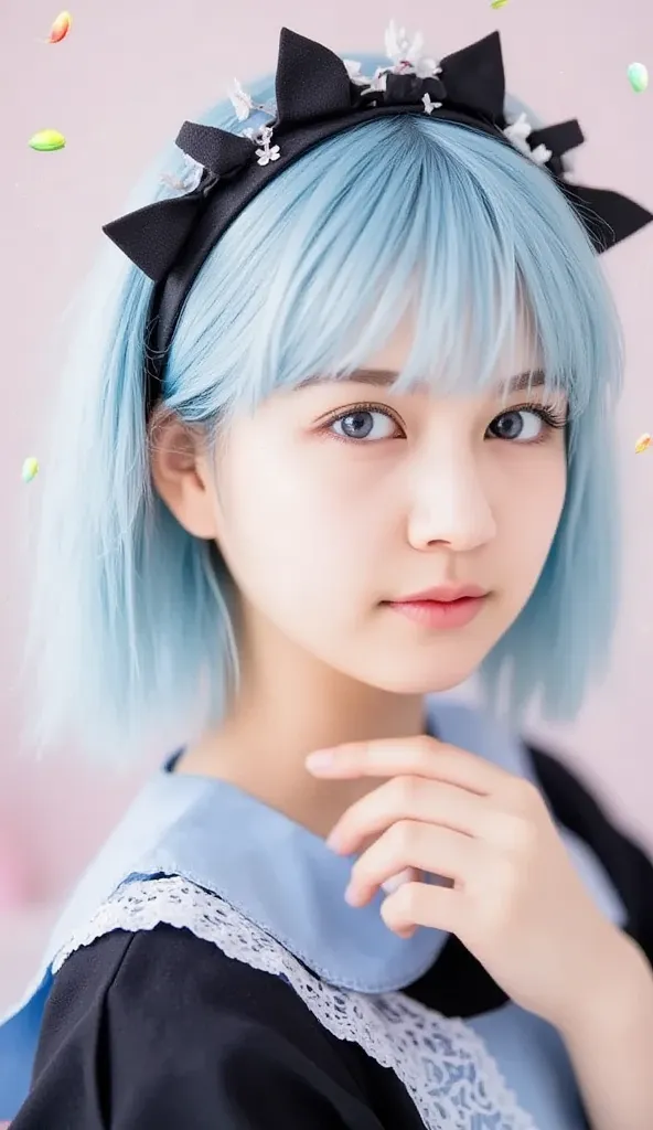 full body、short hair,  Pastel Blue Hair  、and is styled in a black headband featuring white flowers and ear-like accents.  she says 、wears black and white maid clothes that accentuate her playful and cute beauty , Decorated with lace and ribbons, in、has st...