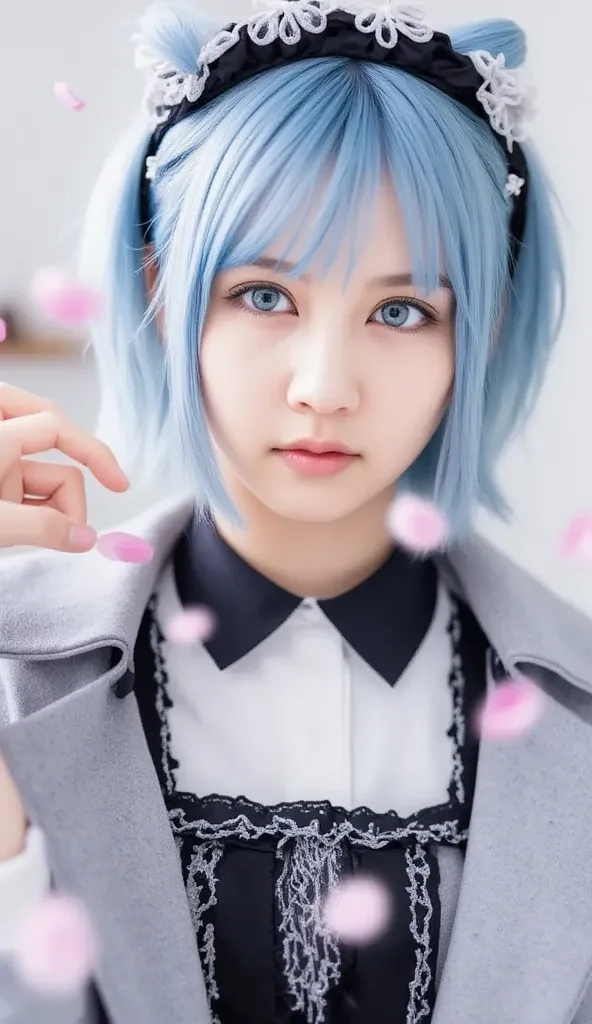 full body、short hair,  Pastel Blue Hair  、and is styled in a black headband featuring white flowers and ear-like accents.  she says 、wears black and white maid clothes that accentuate her playful and cute beauty , Decorated with lace and ribbons, in、has st...