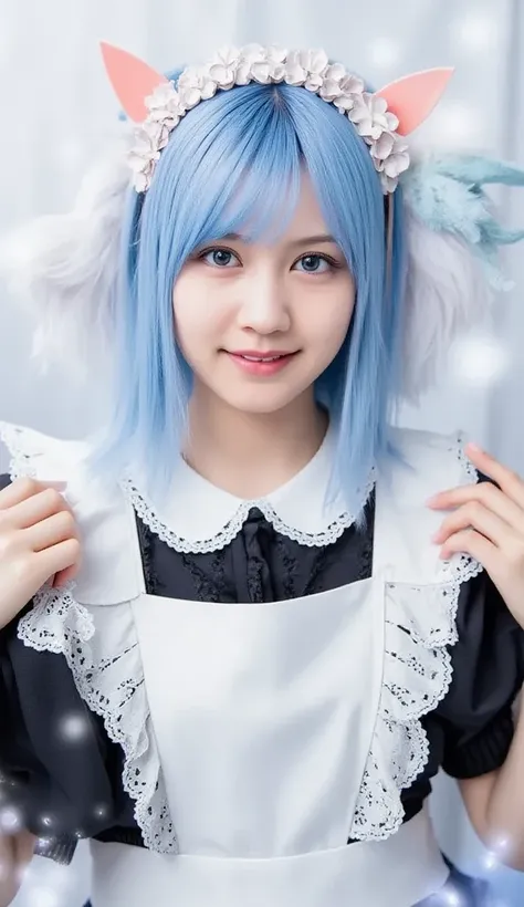 full body、short hair,  Pastel Blue Hair  、and is styled in a black headband featuring white flowers and ear-like accents.  she says 、wears black and white maid clothes that accentuate her playful and cute beauty , Decorated with lace and ribbons, in、has st...