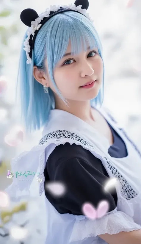 full body、short hair,  Pastel Blue Hair  、and is styled in a black headband featuring white flowers and ear-like accents.  she says 、wears black and white maid clothes that accentuate her playful and cute beauty , Decorated with lace and ribbons, in、has st...