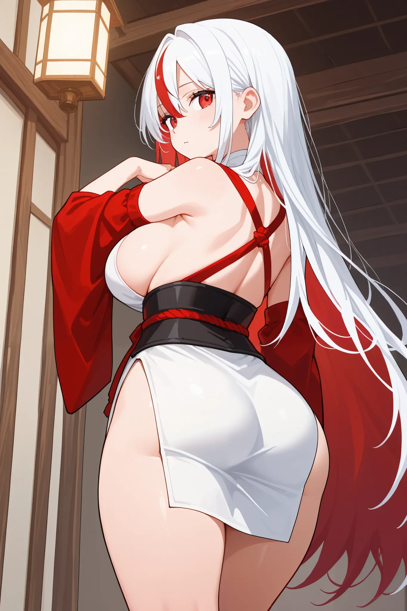 1 girl, Hair length reaches the back, White hair with some red hair on the edges., red eyes, but not bright, curvy body, wear a sexy samurai outfit, หน้าอกไซส์ปานกลาง