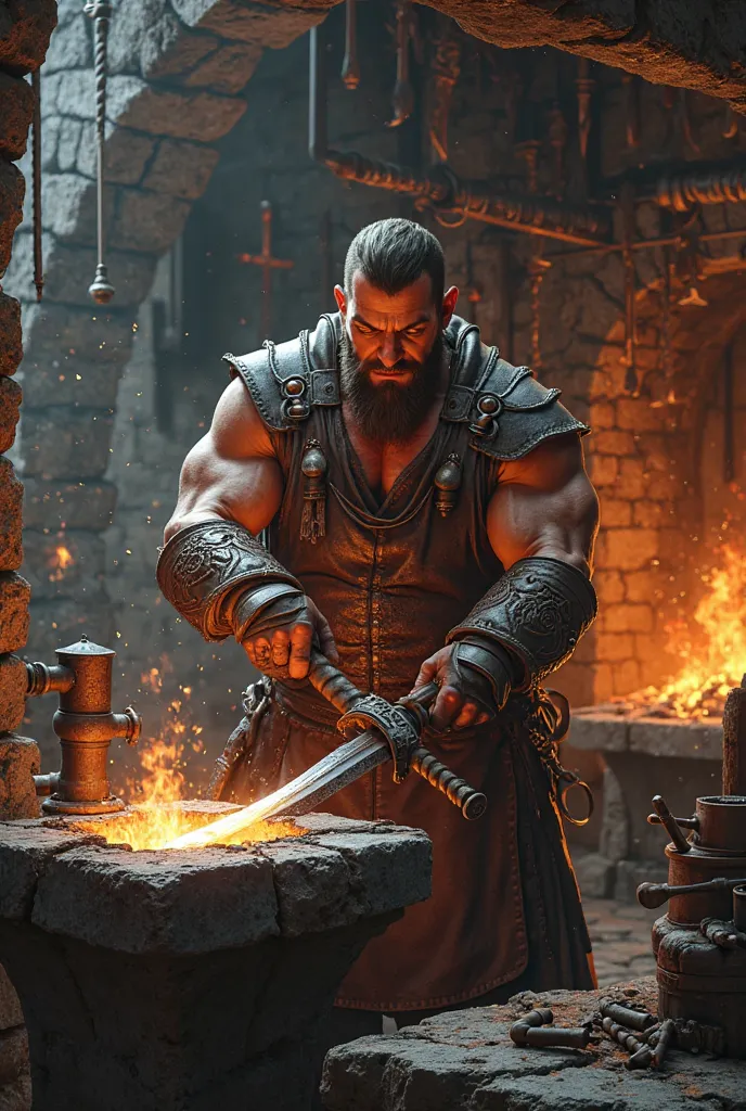 create detailed realistic medieval fantasy forge with weapons and armor, with smith making a sword 