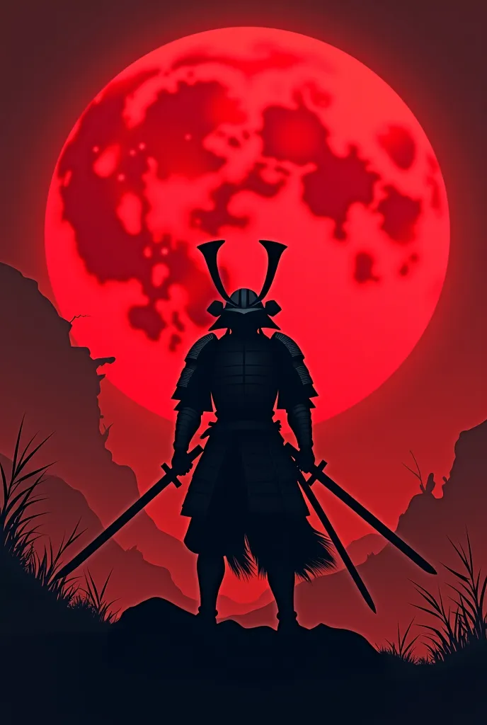 A samurai in armor stands with a sword in each hand against a background full of a big red moon. The samurai is a shadow puppet.