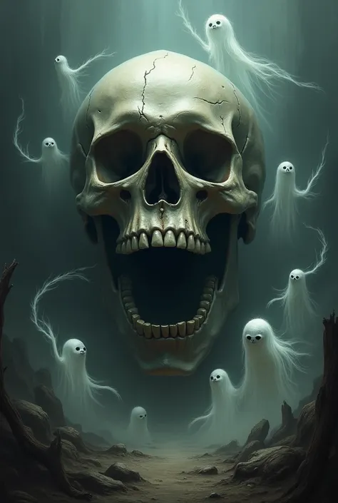 Ghosts flying around a skull 