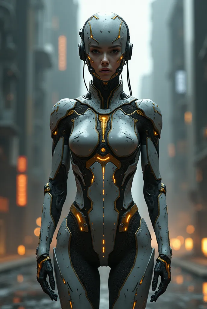 Cyborg woman with front view, gray and gold costume with lights and futuristic style