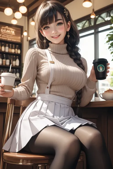 ((best quality)),((masterpiece)),(detailed),young girl,hermoso body,(very long dark brown silky straight hair,Black hair:1.3),(Light brown turtleneck sweater:1.3),(white box pleated skirt:1.2),(thick Black pantyhose with pattern:1.3),cafe waitress wearing ...