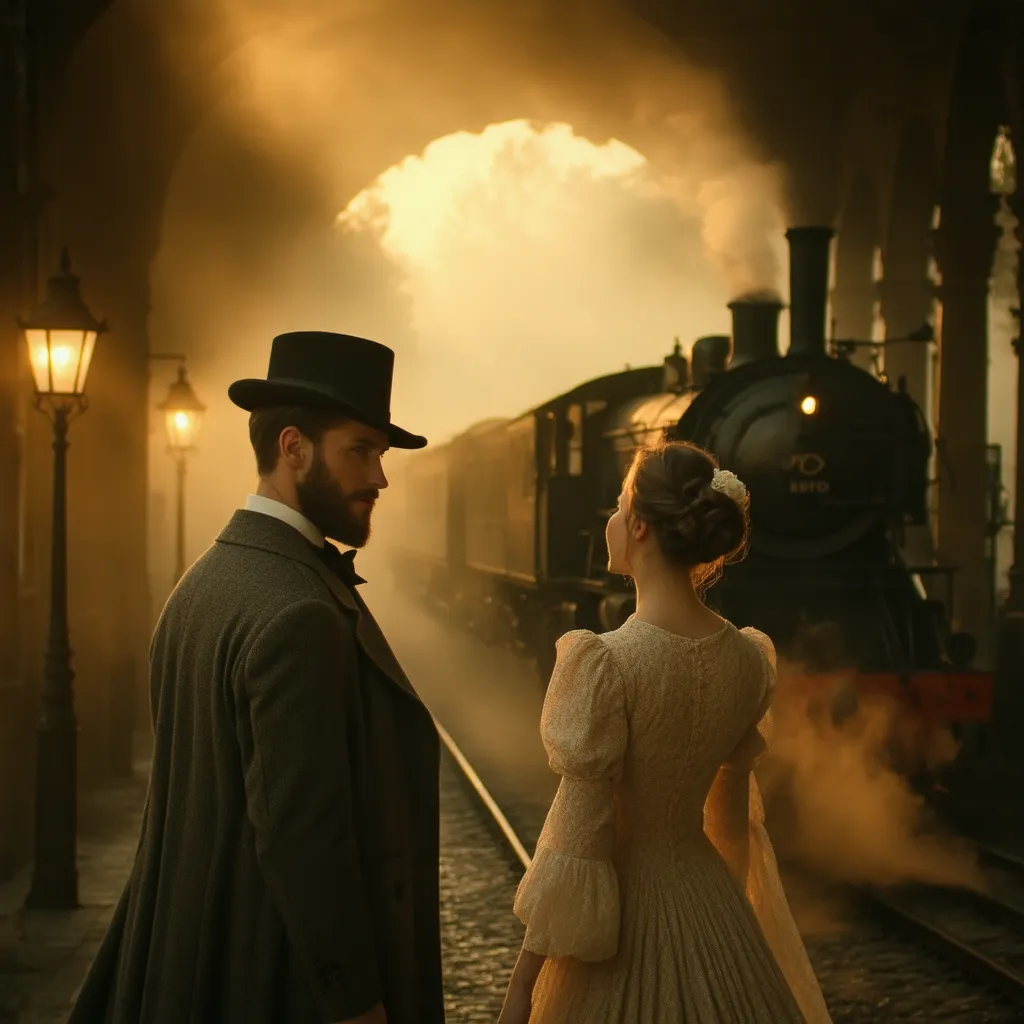 Here are all the details about the image:

 Visual Description :

cena: A couple having a romantic and nostalgic moment at an old train station.

man: Wears an elegant vintage suit with a bow tie and a classic hat. Has a well-groomed beard and sophisticate...