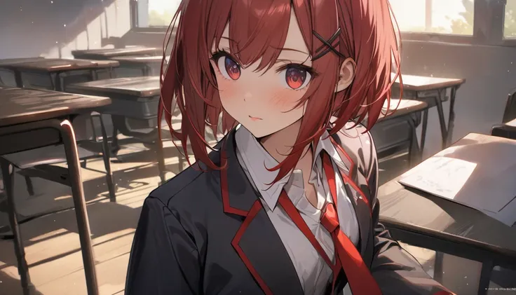 short hair, ( red hair :1.2), X Hair Ornament, red eyes,tie, girls, Solo Girl,  collared shirt, white shirt,  Long Sleeve, pleated skirt, student, blazer、uniform、highest quality, masterpiece, High Resolution,chest、face、highest quality, intricate details, g...