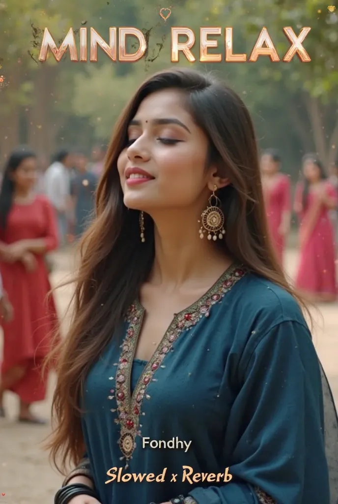 "A young woman with long, flowing brown hair wearing a deep blue traditional outfit, standing outdoors in a peaceful environment. She has her eyes closed and a calm, relaxed expression, wearing large, decorative earrings and black bangles. The background i...