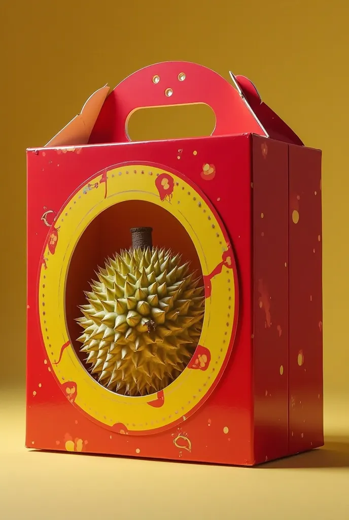 A Box with handle with a piece of durian inside, the box design main colors in red and yellow, the customer can see durian in box, realistic 