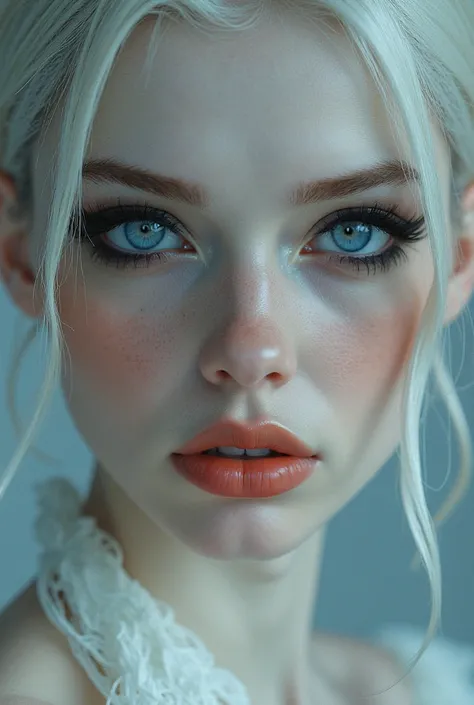 a young woman with almost white blond hair and very short, With big blue eyes, a black eyeliner on pale, plump eyes and lips