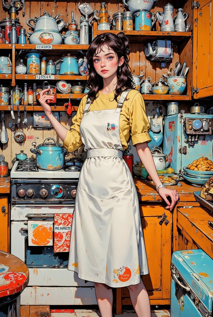  Fairytale Kitchen , Here's Her Secret Cooking Lab ,woman in a simple white apron, Secret Base Kitchen with Stove , refrigerator,  and Dishwasher  ,  70s Kitchen ,  70s Kitsch and Psychedelia , ヴィンテージrefrigeratorにステッカー, cute kitchen ,  Vintage 70s Vintage ...