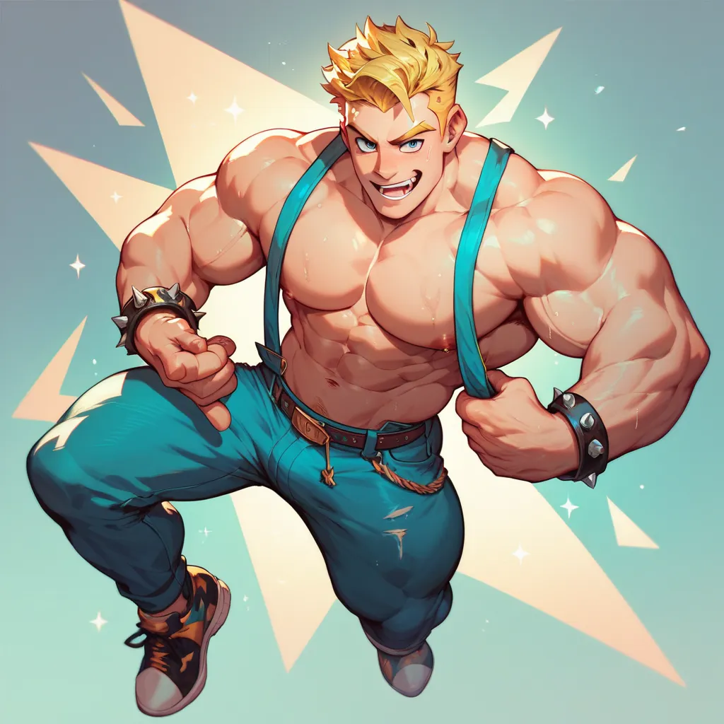 RPG character avatar. Full-body. Single character. Cartoon style. muscular man. Spiky, wild blonde hair, sharp and upward-pointing strands, slightly messy but stylish, giving a fierce and energetic look.
