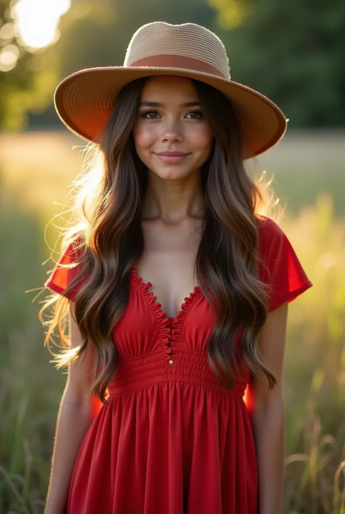 A beautiful girl with wavy long hair in a bohemian red dress,and a hat that sits on her friend's cock 18+