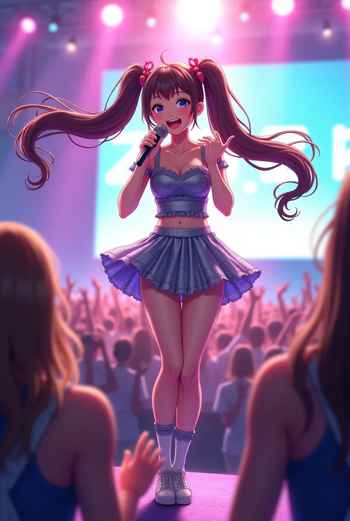 A beautiful idol girl with wavy hair gathered in two tails sings happily into a microphone, turning to the audience
