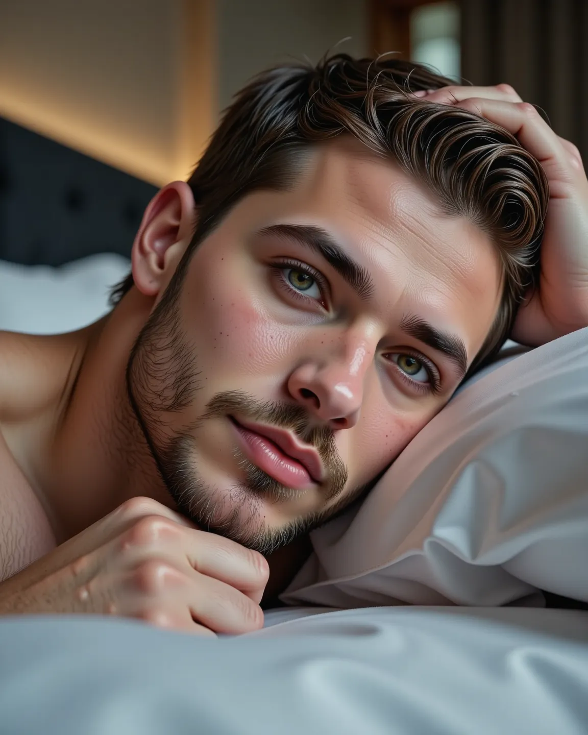 A close-up portrait of a handsome man lying in bed, resting his head on his hand, looking relaxed and slightly sleepy, with short brown hair, dimples, striking green eyes, and a well-groomed three-day beard, against a modern bedroom backdrop with a dark he...