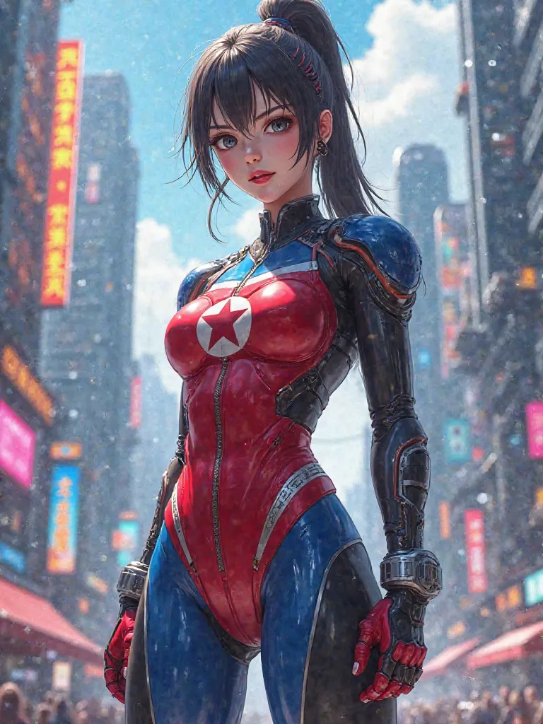 North Korea국기, superhero, girl, Tight Bodysuit, pretty face, Nice body , city, North Korea국기가 들어간 Tight Bodysuit, anime, North Korea