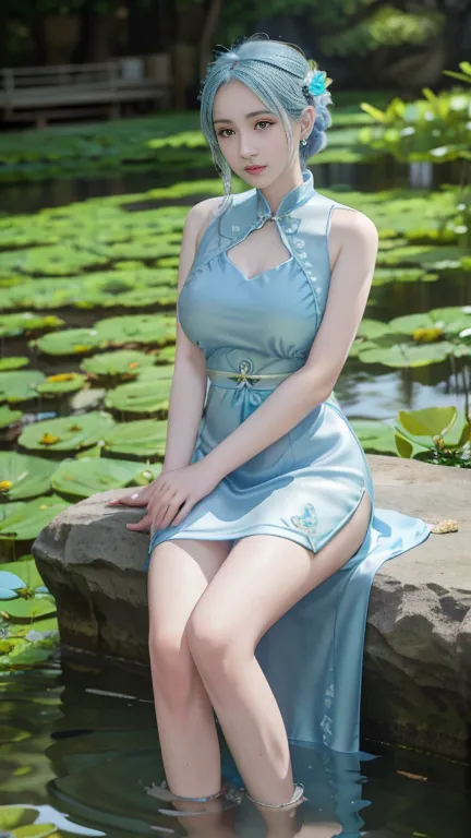 There is a blue dress, 16 long legs, a woman sitting on a rock in the water, standing elegantly on a lotus flower, ethereal beauty, wearing a blue cheongsam, court, a girl in Hanfu, wearing a blue cheongsam, full of fairy Xia, in the pond, white Hanfu, a s...