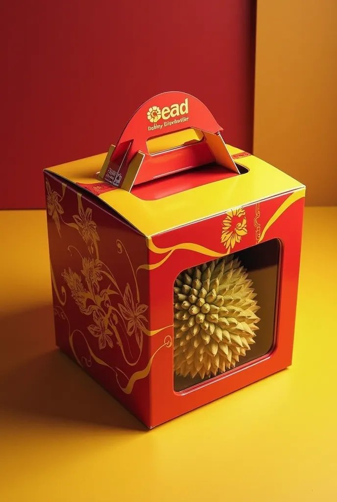 A Box with handle with a piece of durian inside, the box design main colors in red and yellow, the customer can see durian in box, realistic 