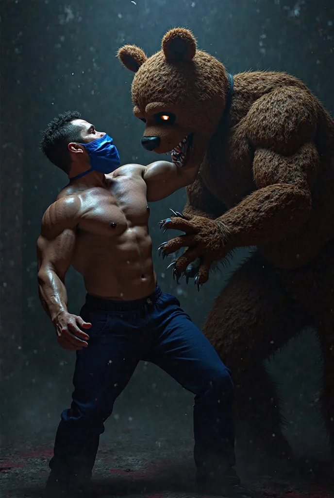 Freddy Fazbear kills a muscleman with a blue mask and blue pants 