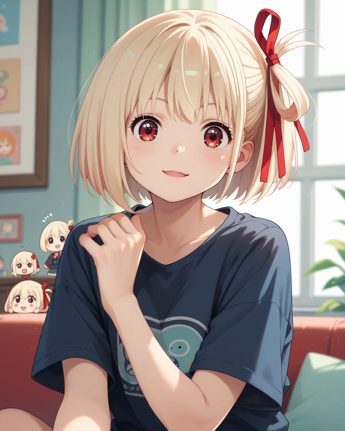 chibi kawaii anime , petit girl
, chisato nishikigi, short hair, bangs, blonde hair, red eyes, hair ribbon, one side up, bob cut
, panty