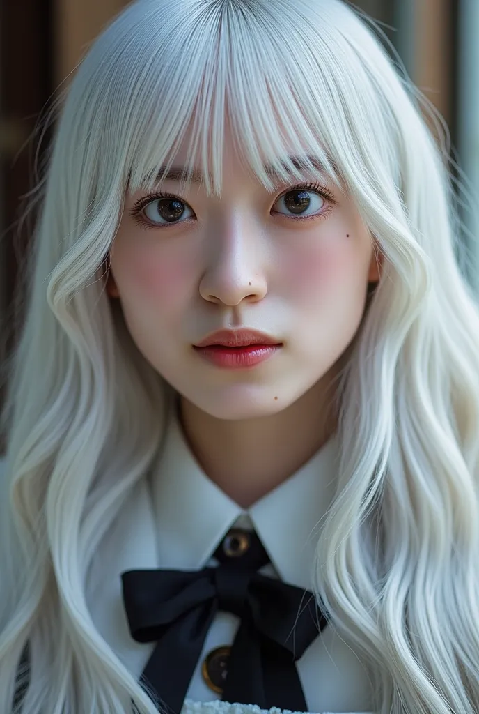 ( ultra real ), (figure), (High Resolution), (8k), ( very detailed), (Best figure), ( precise and beautiful eyes), (highest quality), (super detailed), (masterpiece), (wallpaper), (detailed face), alone, one girl,  Wavy White Hair , Japanese, Different Eye...